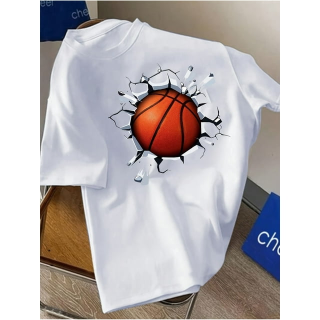 Camiseta gráfica de baloncesto dinámica para niño - Casual, negra, de manga corta, cuello redondo, mezcla de algodón elástico, lavable a máquina, para verano
