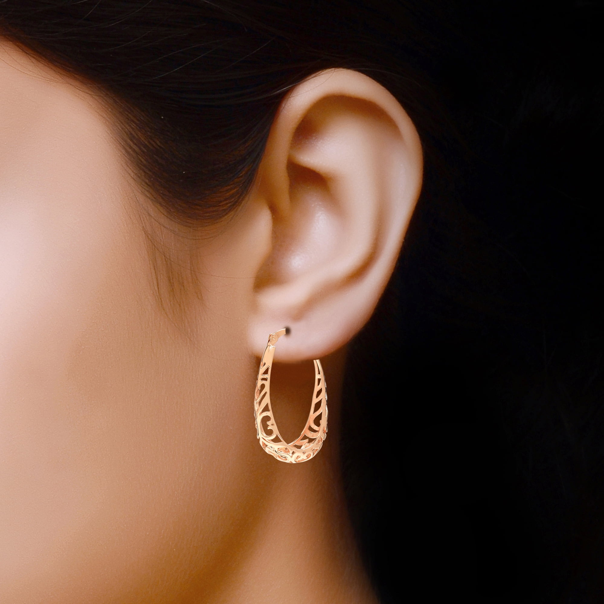 LeCalla 925 Sterling Silver Light-Weight Rose-Gold Plated Click Top Oval Filigree Hoop Earrings Jewelry Gifts for Women 32MM
