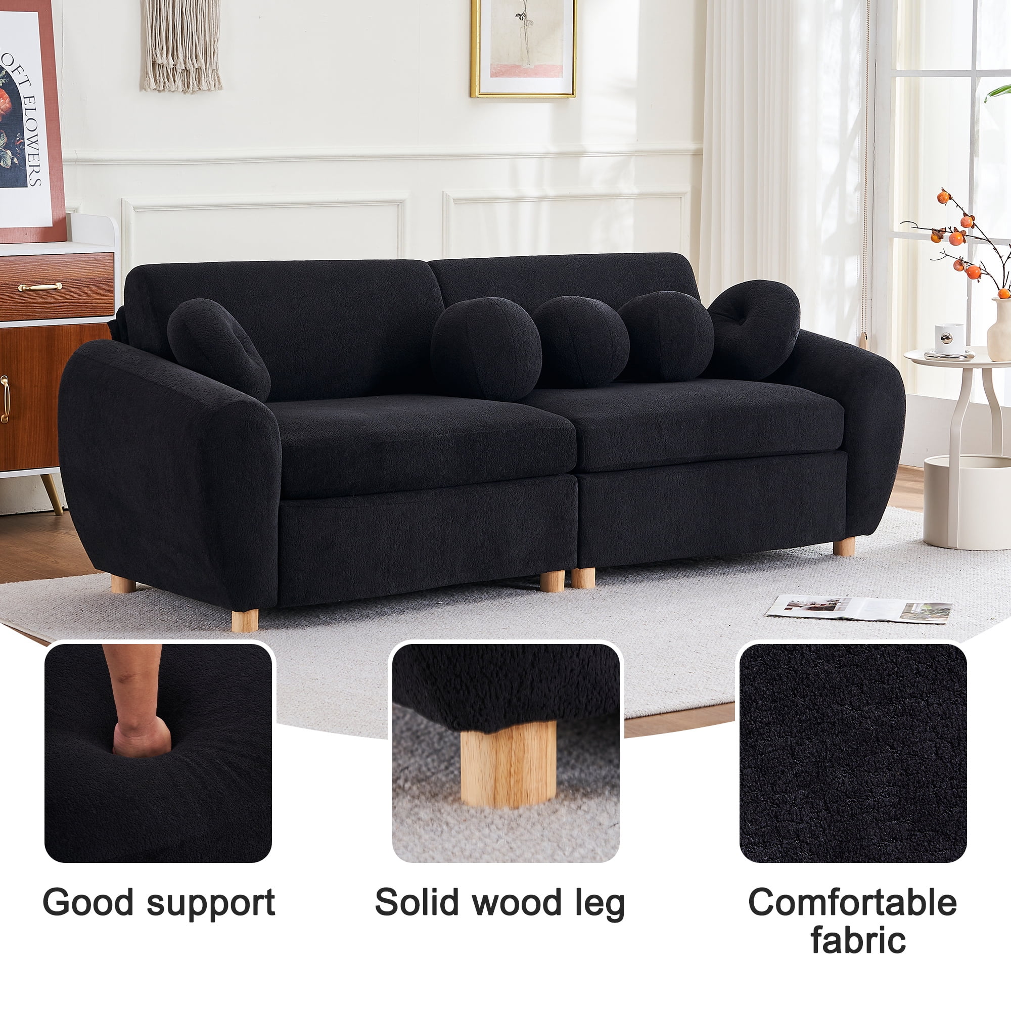 Aukfa 85" Modern Comfy Sofa, Upholstered Deep Seat Couch for Living Room, 5 Pillows, Chenille, Black