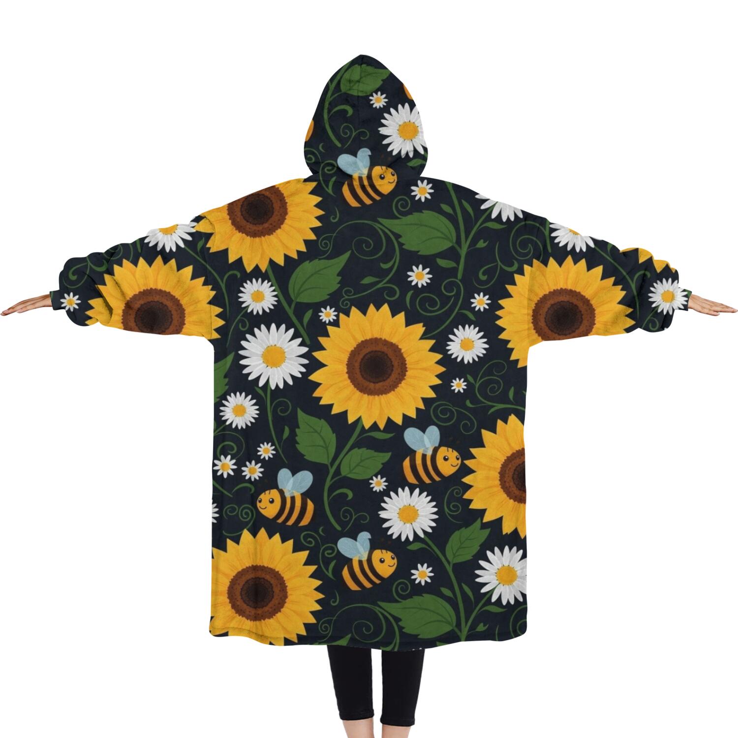 Oversized Wearable Blanket Hoodie,DarkBlue Sunflower Bee Pattern Sherpa Blanket Hoodie with Super Pockets,Super Warm Fuzzy Pullover for Women & Men