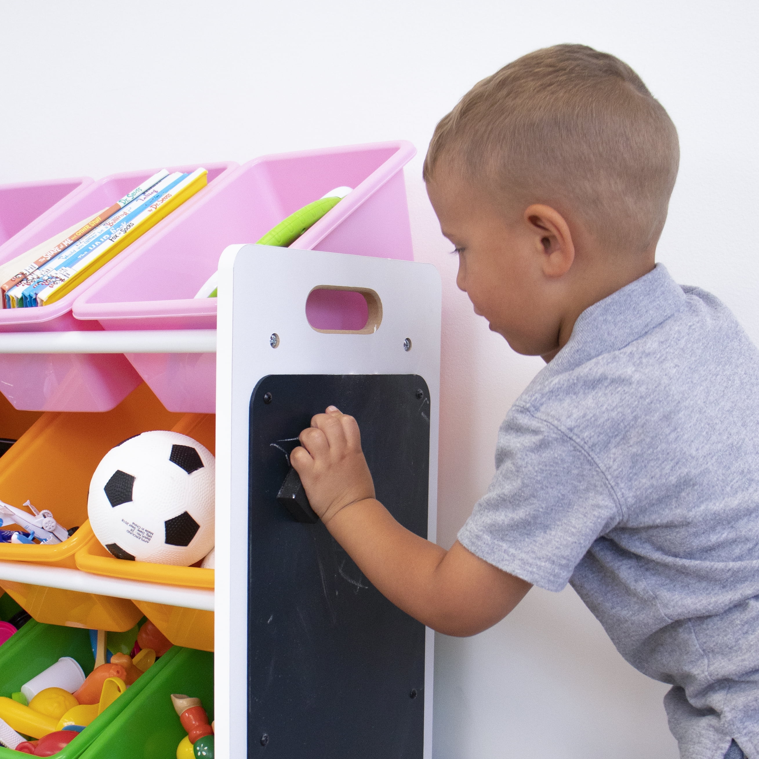 Humble Crew Kid's 9 Plastic Bin Toy Storage Organizer with Chalkboard Side Panel, Multi Color