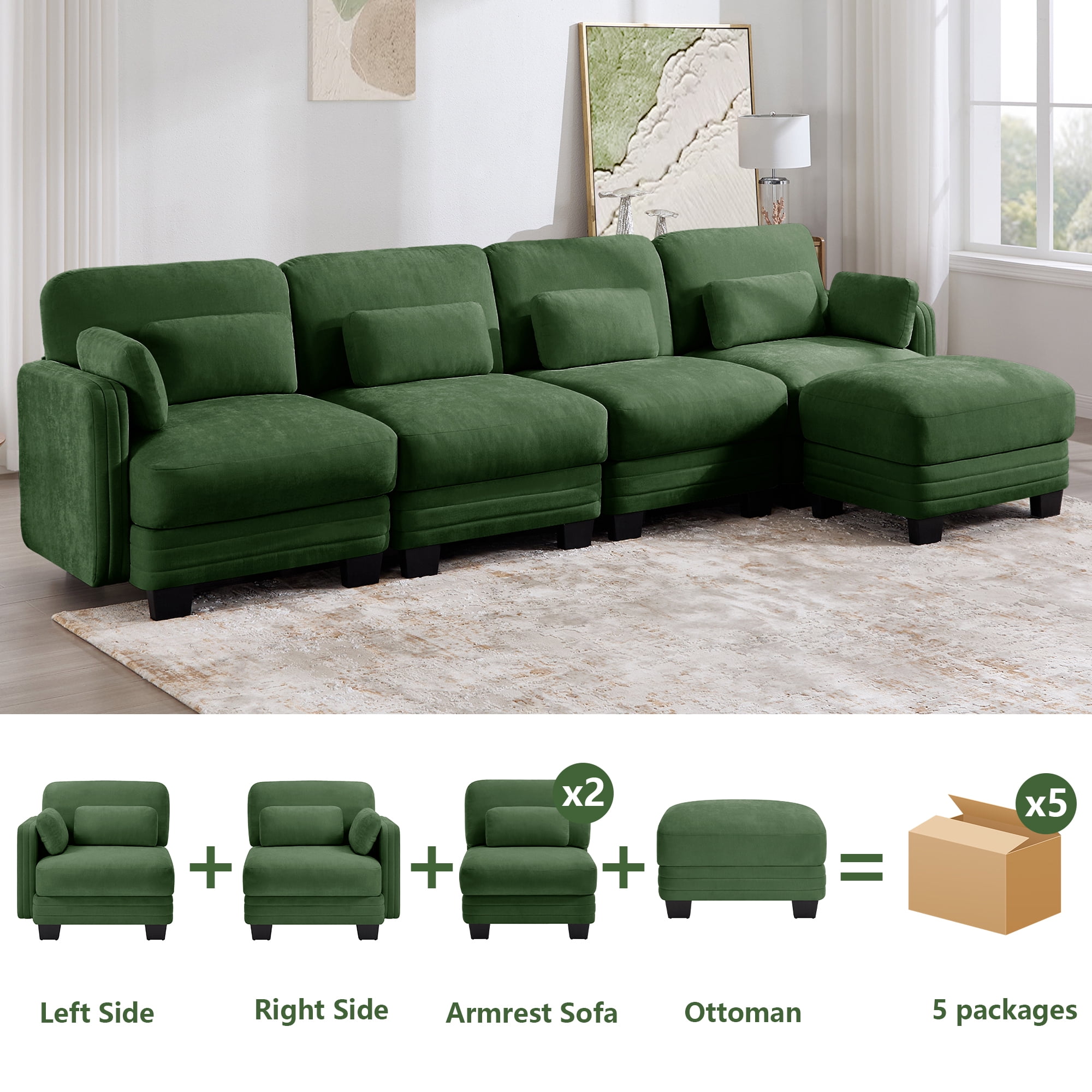 130" L Shape Modern Modular Sectional 4 Seater Sofa Couch with Movable Ottoman and 6 Pillows