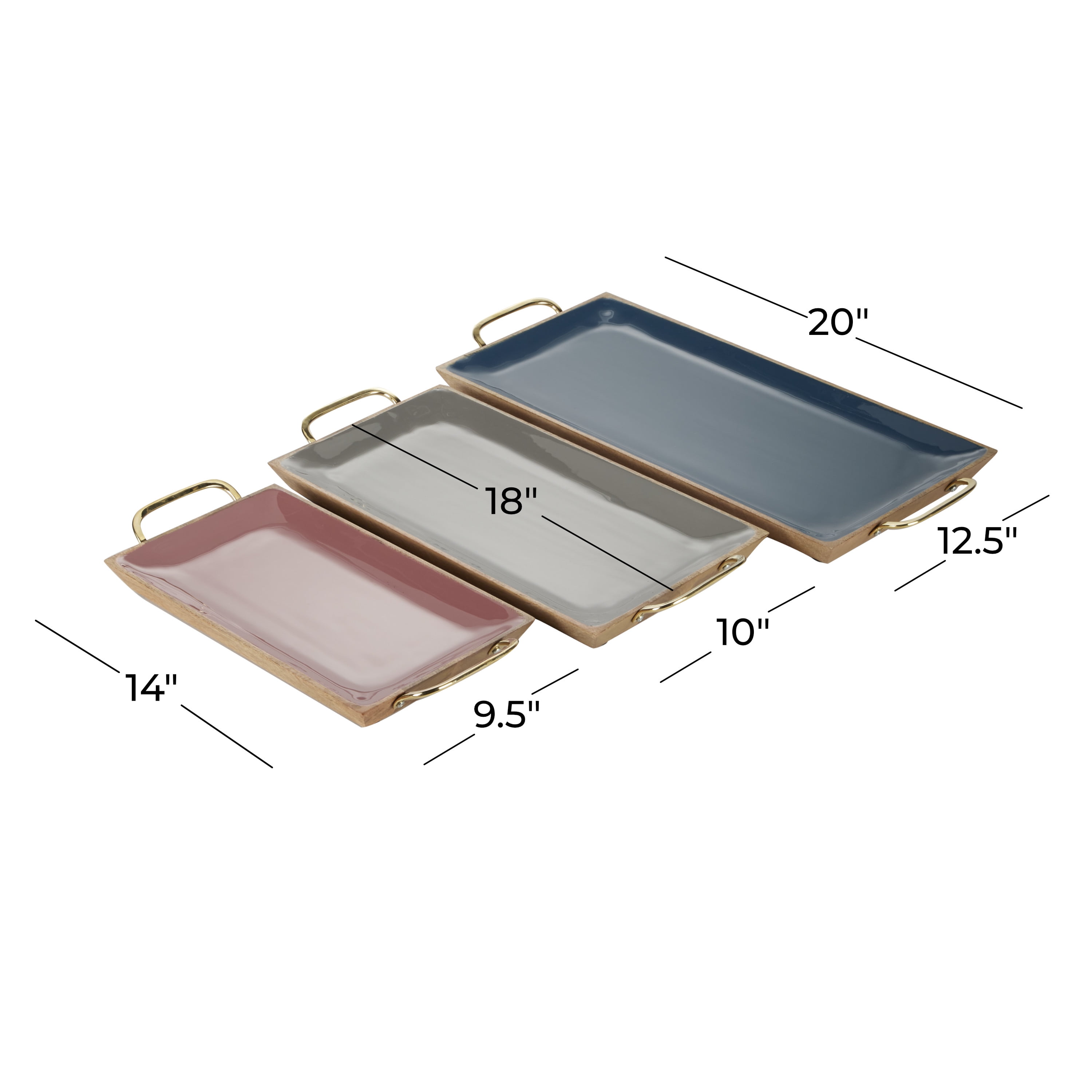 DecMode 24", 18", 15"W Multi Colored Mango Wood  Tray with Enamel Interior, 3-Pieces