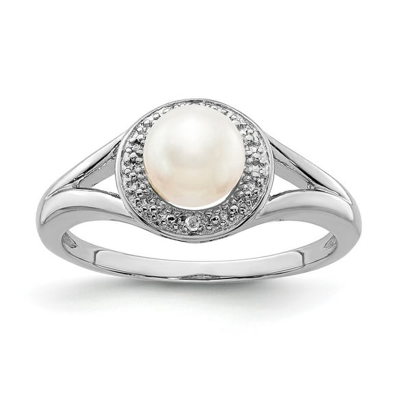 925 Sterling Silver Rhodium-plated Diam. & FW Cultured Pearl Ring Size: 10; for Adults and Teens; for Women and Men