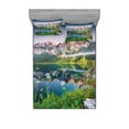 thumbnail image 2 of Nature Bedding Set with Sheet & Covers, Misty Summer Morning on Austrian Alps Mountain Range with Lake Wanderlust Landscape, Printed Bedroom Decor 2 Shams, 4 Sizes, Green Blue, by Ambesonne, 2 of 3