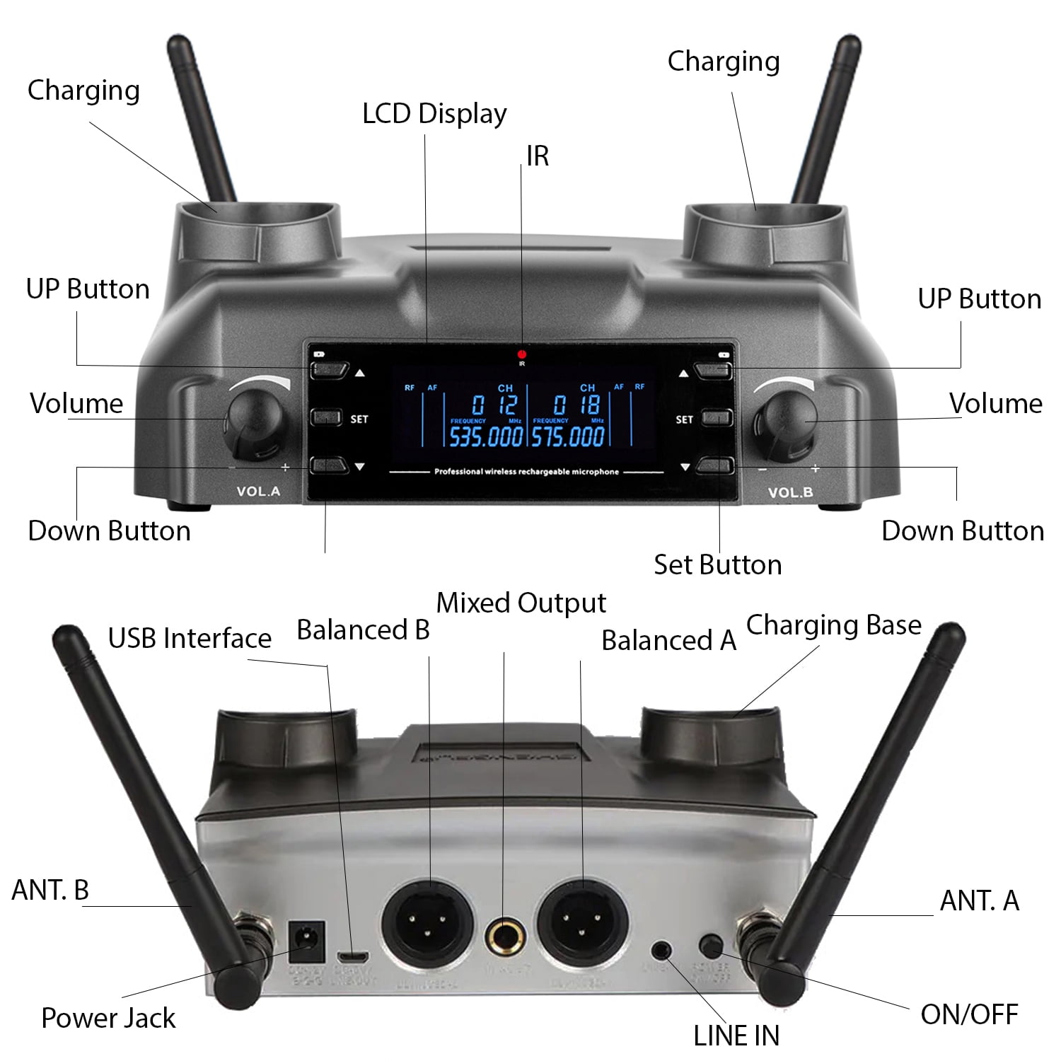Berlingtone BR-60UM Wireless Microphone System Dual Wireless Mics, Magnetic rechargeable Charging battery, 2 Handheld Dynamic Microphones, 2x100 Adjustable UHF Channels, Auto Scan, up to 200ft Range