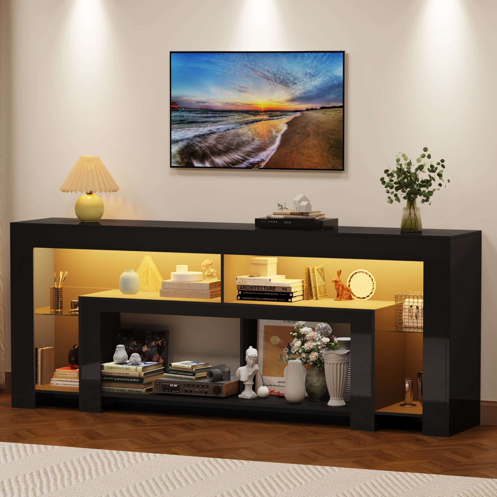 Blotout 82''Modern LED TV Stand for 85/90'' TV, High Gloss Entertainment Center with Adjustable Shelves & Open Storage, TV Console with 20 Color Changing Lights for Living Room Bedroom Game Room
