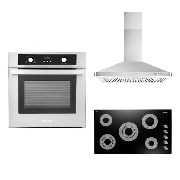 Cosmo 3 Piece Kitchen Appliance Package With 36" Electric Cooktop 36" Wall Mount Range Hood 24" Single Electric Wall Oven Kitchen Appliance Bundles