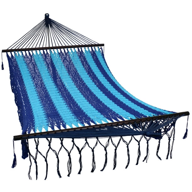 Sunnydaze Deluxe Hand-Woven Cotton Hammock with Spreader Bars - Heavy-Duty  770-Pound Weight Capacity - American Style - Blue