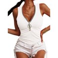 thumbnail image 1 of Top sin mangas para mujer, camiseta informal con cuello en V y tejido acanalado, camiseta sin mangas con cremallera frontal, Top ajustado de verano, blanco S, 1 of 5