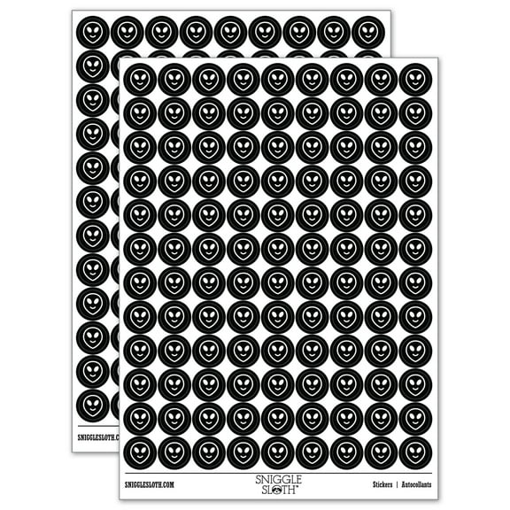 Smiling Happy Alien Emoticon 200 Round Stickers - Black - Gloss Finish - 0.50" Size