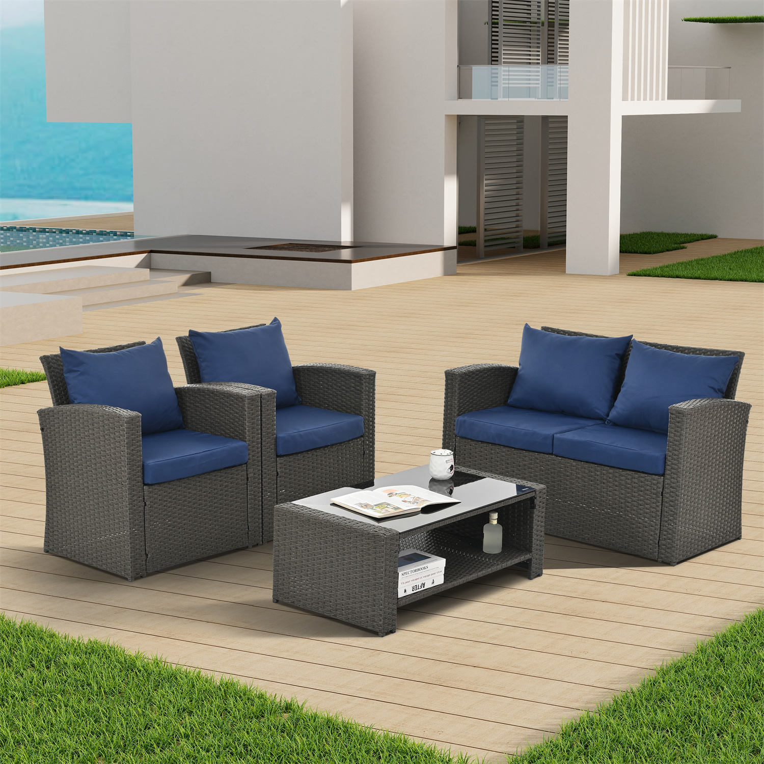 4 Piece Patio Furniture Set, Outdoor Conversation Set Acacia Solid Wood Outdoor Sofa Set for Poolside Garden, Grey Cushions - image 3 of 7