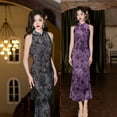 thumbnail image 2 of 2025 women's fashion high-end new Chinese style daily off-shoulder purple flocking halter neck cheongsam, 2 of 5