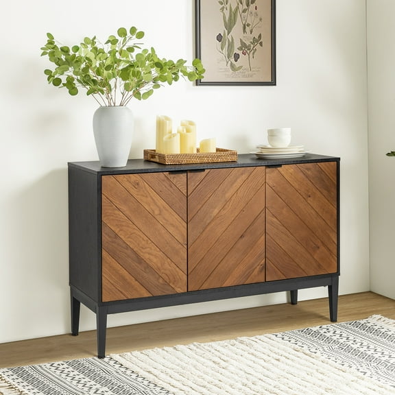 3-door Wooden Storage Sideboard with Adjustable Shelf Curved Door Handle for Living Room Black