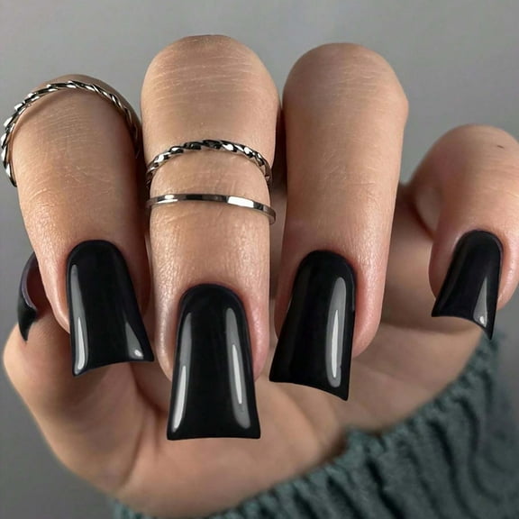 24 Pcs Black Press on Nails Medium Duck Nails Acrylic Fake Nails Solid Color Press on Nail with Designs Cute False Nails Artificial Glossy Full Cover Glue on Nails for Women Girls Style 37 0.04 Fl