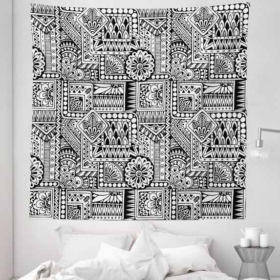 Hipster Tapestry, Design with Some Geometrical Shapes with Leaves and Dots Culture, Fabric Wall Hanging Decor for Bedroom Living Room Dorm, 5 Sizes, Black White, by Ambesonne