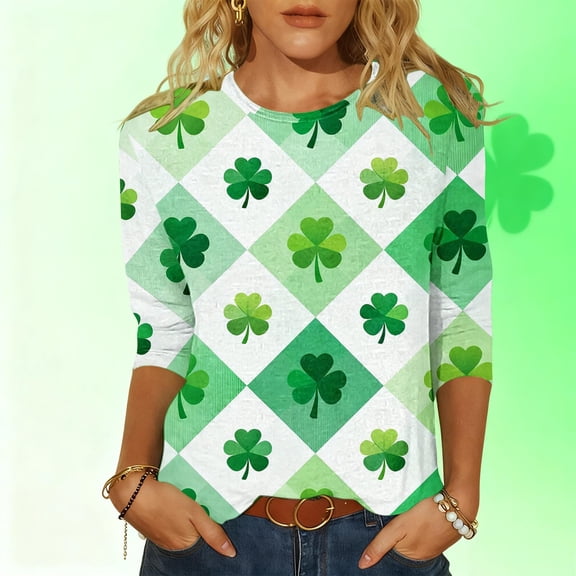 Craaazy Women's St Patricks Day Clothes with Irish Clover Prints Crew Neck 3/4 Sleeve Shirts