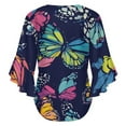 thumbnail image 6 of Colorful Butterflies Dark Background Pattern Women's V-Neck Blouse With 3/4 Ruffled Bell Sleeves Casual Top Ladies Blouses, 6 of 7