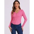 thumbnail image 2 of DARING DIVA Women's V Neck Long Sleeve Ribbed Knit Henley Blouses XS Pink, 2 of 6