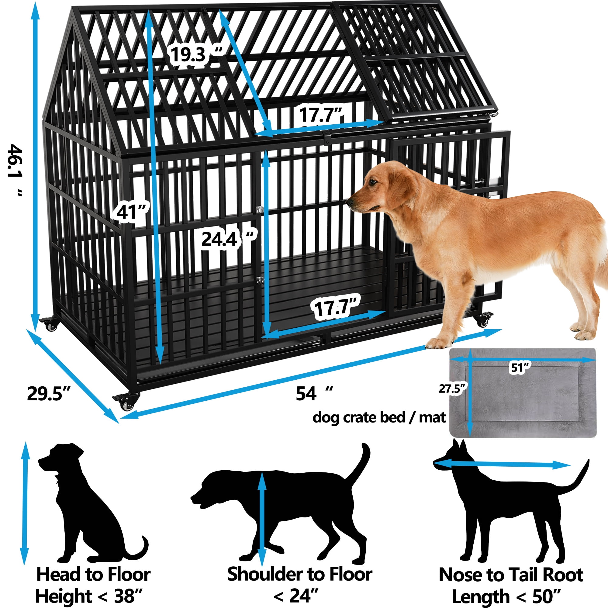Heavy Duty Dog Crate 54 inch with Mat Indestructible Pet Dog Cage Crate Kennel with Roof Top 2 Doors Removable Trays, Lockable Wheels Escape-Proof for High Anxiety Large /Extra Large Dogs