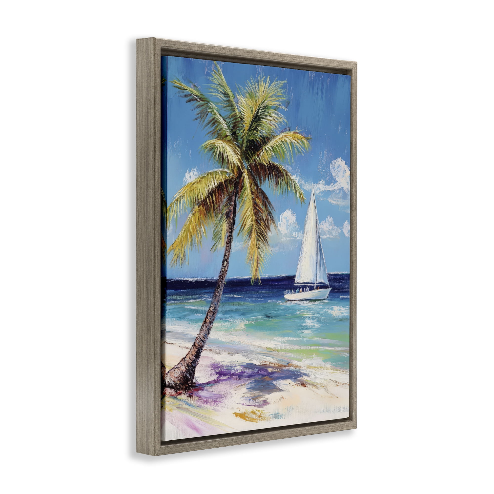 Stupell Industries Sailboat Delight with Palm Tree Brown Framed Floater Canvas Wall Art, design by Petal Prints Design