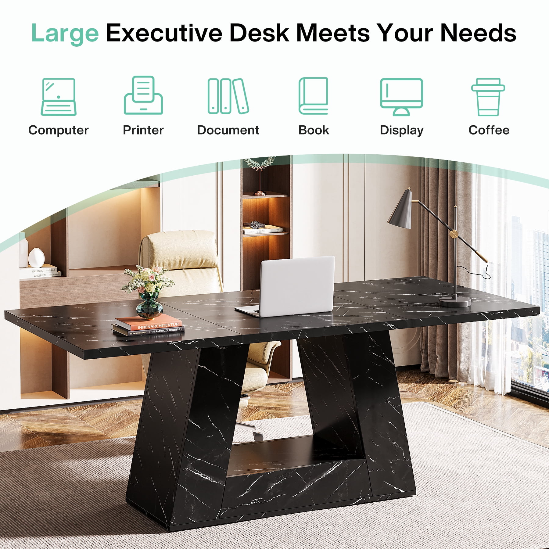 Tribesigns 63" Dining Table, Light Brown Wood Table Kitchen Table with Double Pedestal