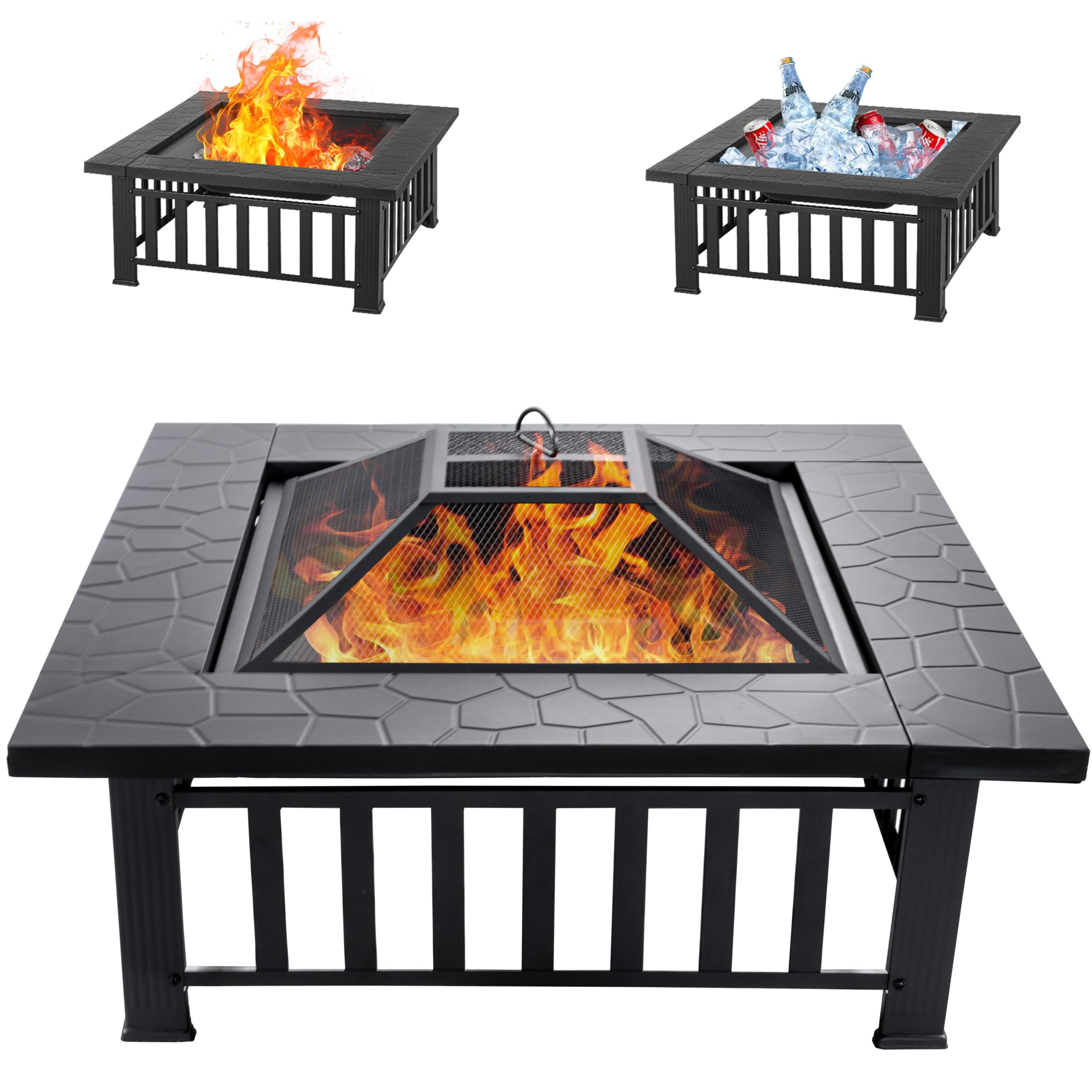 32 Inch Fire Pit, Square Outdoor Fire Pit Table Featuring Spark Screen & Fire Poker - The Ultimate 3-in-1 Multipurpose Firepit for Yard, Garden, Patio