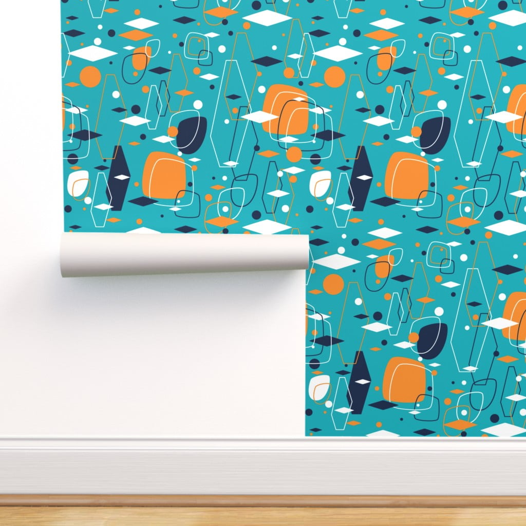 Removable Water-Activated Wallpaper Atomic Teal Mid Century Modern Retro Mod