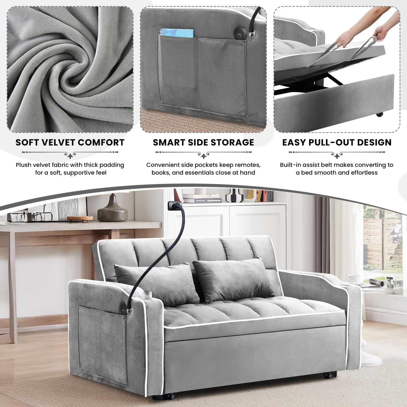 55" 3 in 1 Convertible Sofa Bed with Phone Holder, Loveseat Couch with Pull Out Bed, Space-Saving Apartment Sofa, Light Gray