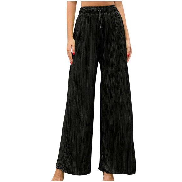 Besolor Women's Pleated Wide Leg Palazzo Pants with Drawstring High Waisted Casual Baggy Flowy Beach Pants Trousers