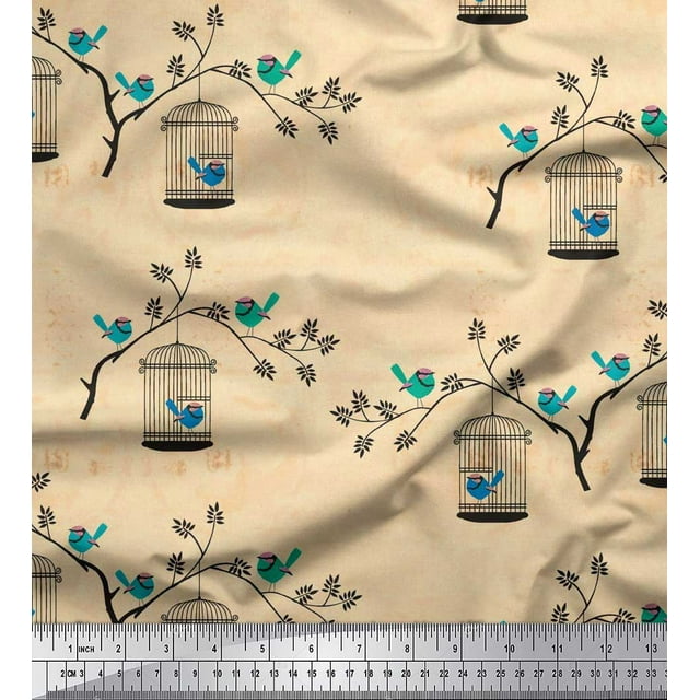 Soimoi Velvet Fabric Branches,Cage & Bird Print Fabric by Yard 58 Inch Wide