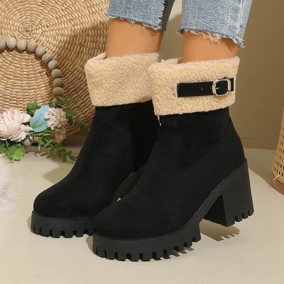 XUNKUSGA Winter Boots for Women Fashion Mid Chunky Heel Round Toe Womens Boots Soft Suede Snow Ankle Boot Casual Warm Booties for Women with Belt Buckle 5.5-9 Black