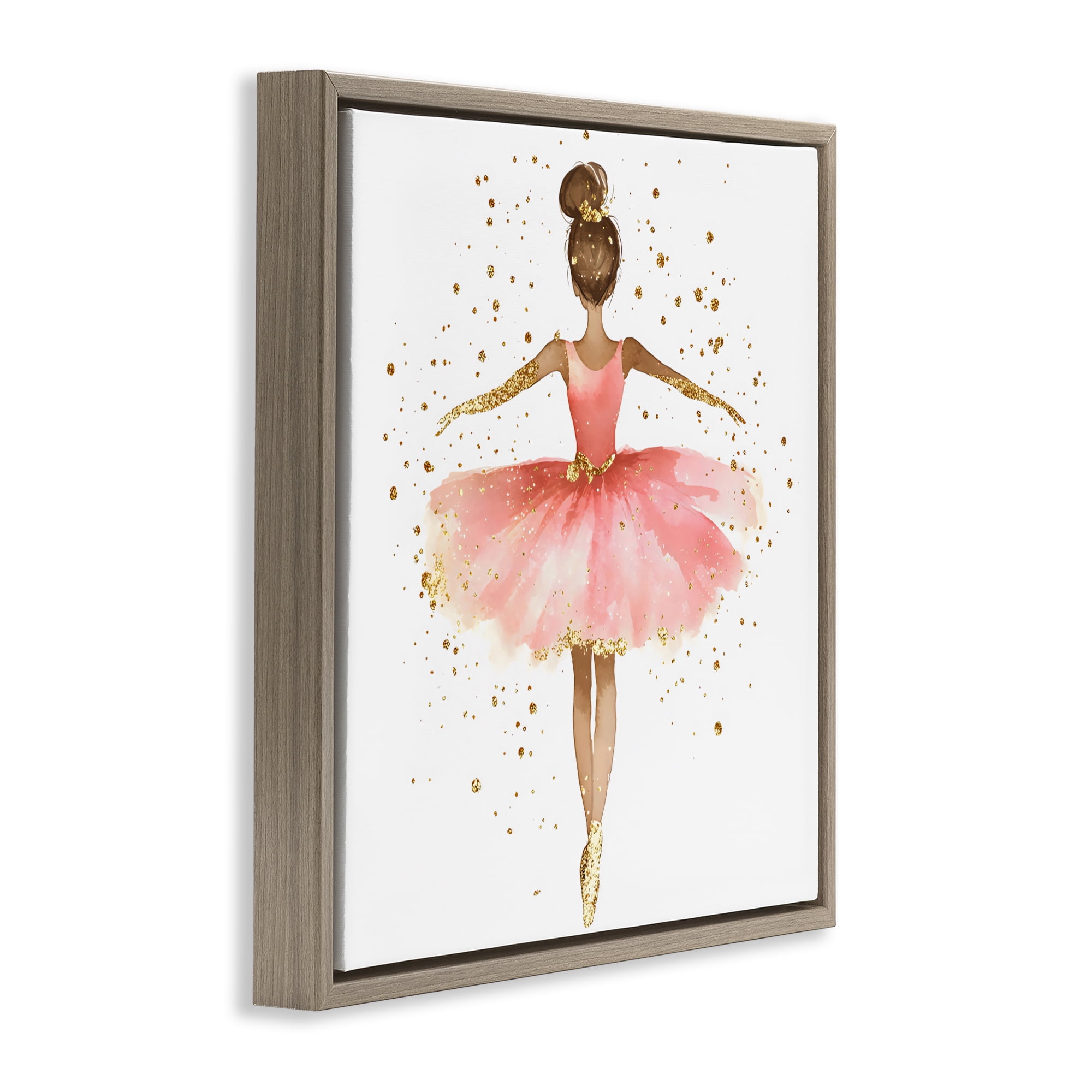 Stupell Industries Ballerina with Gold Glitter Brown Framed Floater Canvas Wall Art, design by Creative Studio