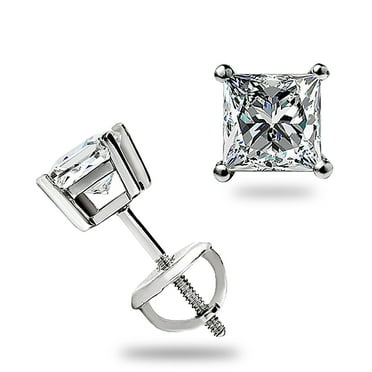 .95Ct Princess Cut Stud Earrings GRA MOISSANITE Screwback Pierced 14K White Gold