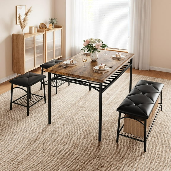 TROPOW Dining Table Set for 4 Kitchen Table Set With 2 Benches 4-Piece Dining Chairs Set With Storage for Breakfast Nook Kitchen Table Set for 2/4/6 Breakfast Dinette for Small Space, Apartment,Retro