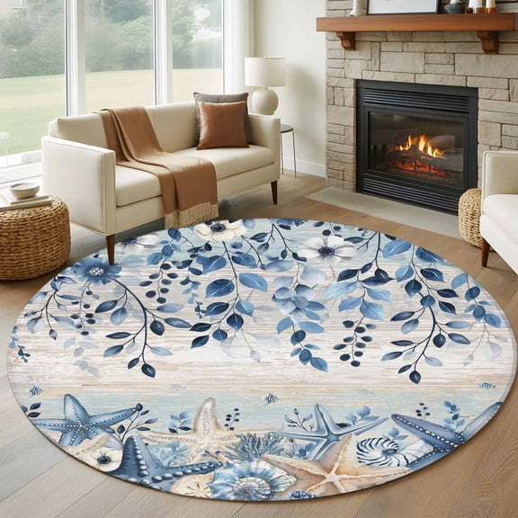 Round Area Rug 7 Ft, Blue Coastal Starfish Washable Non-Slip Circle Carpet for Living Room/Bedroom, Beach Nautical Shell Eucalyptus Vintage Low-Profile Large Runner Mat Collection Rugs for Indoor