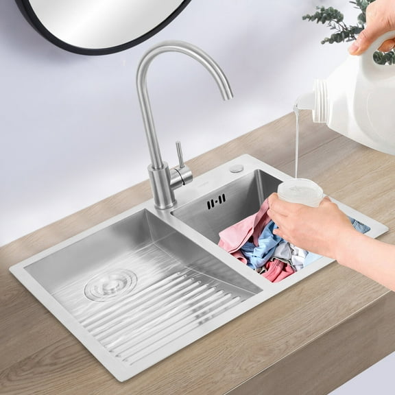 Laundry Sink with Washboard Modern Silver Laundry Sink, Household Stainless Steel Laundry Sink with Faucet