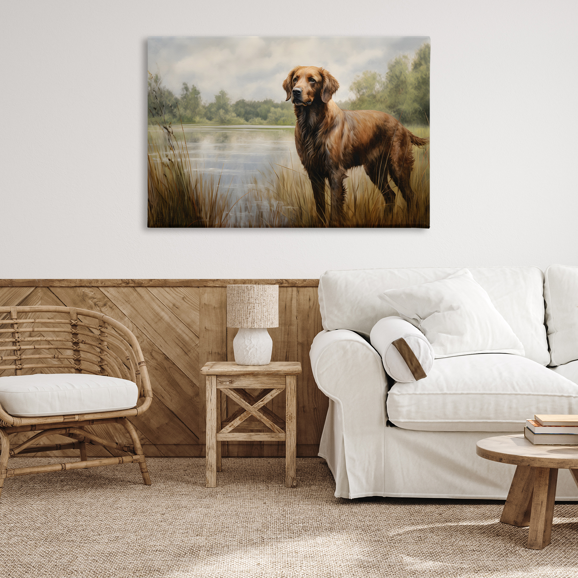 Stupell Industries Retriever Dog & Pond Landscape Painting Gallery Wrapped Canvas Art Print Wall Art, 45 x 30