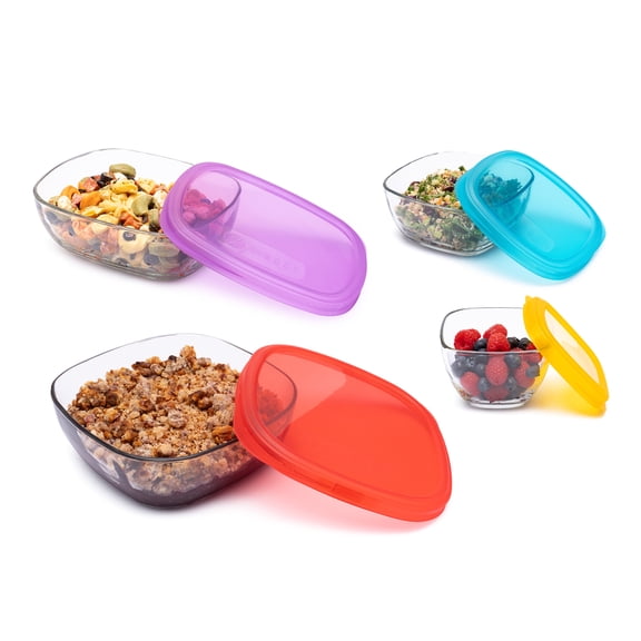 Libbey Serve It 8 Piece Glass Storage Container Set with 2 Cup, 6 Cup, 8 Cup, and 12.5 Cup Bowls and Multi Color Lids