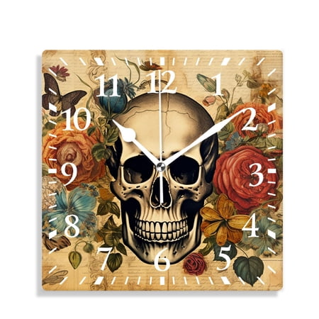 12 Inch Wall Clock Battery Operated Silent Clock Decorative for Office, Kitchen, Outdoor, Living Room，Tatoo Skull on Floral Background Beautiful Design