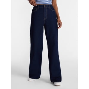 No Boundaries Women's High Rise Baggy Wide Leg Jeans, Dark Wash