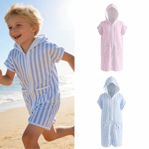 XINXIAOO Boys Girls Blue Hooded Terry Coverups 1 Piece Swimsuits Beach Zip Up Short Sleeve Striped Swim UPF 50 Cover Up For Beach Pool 3T