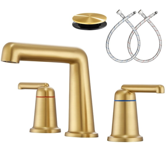 Wowkk 3 Hole Bathroom Faucet 2 Handle Widespread Bathroom Sink Faucet with Pop up Drain and Supply Lines, Brass Vanity Faucet for Rv Farmhouse Lavatory Restroom Sink, Brushed Gold