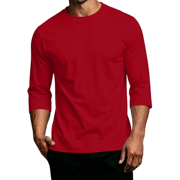 Nestiefly Men's Shirts 3/4 Sleeve Cotton T-Shirt Crew Neck Tees Classic Basic Casual Tops Plain Soft Shirt Red M