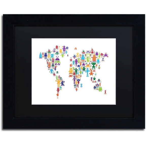 Trademark Fine Art "Robot Map of the World" Canvas Art by Michael Tompsett, Black Matte, Black Frame