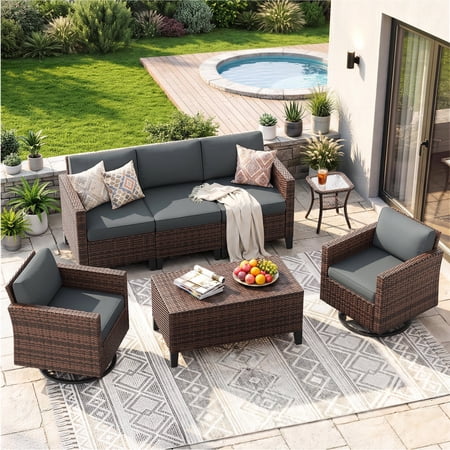 UDPATIO Patio Furniture Set 7 Pieces Outdoor Furniture Sets with Rocking Swivel Chairs Wicker Rattan Outdoor Conversation Set with Storage Table and Waterproof Covers for Backyard Deck Porch