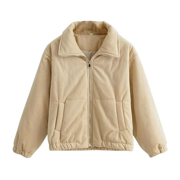 Roncen Women's Casual Solid Color Long Sleeve Cotton Jacket - Lightweight Warm Zip-Up Coat with Front Pockets - Relaxed Fit Outerwear for Everyday Use