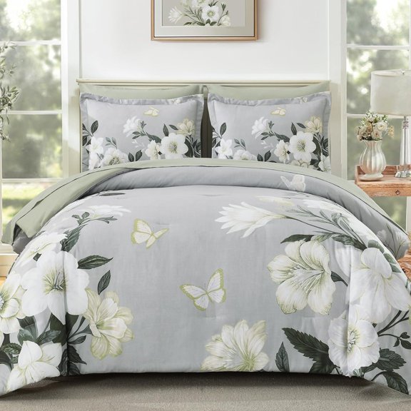 7 Pieces Floral Comforter Pack - 104"x90") - Elegant Sage Green Flower Bed in a Tote King Soft Microfiber Bedding Pack for All Seasons (Sage Green - Pack