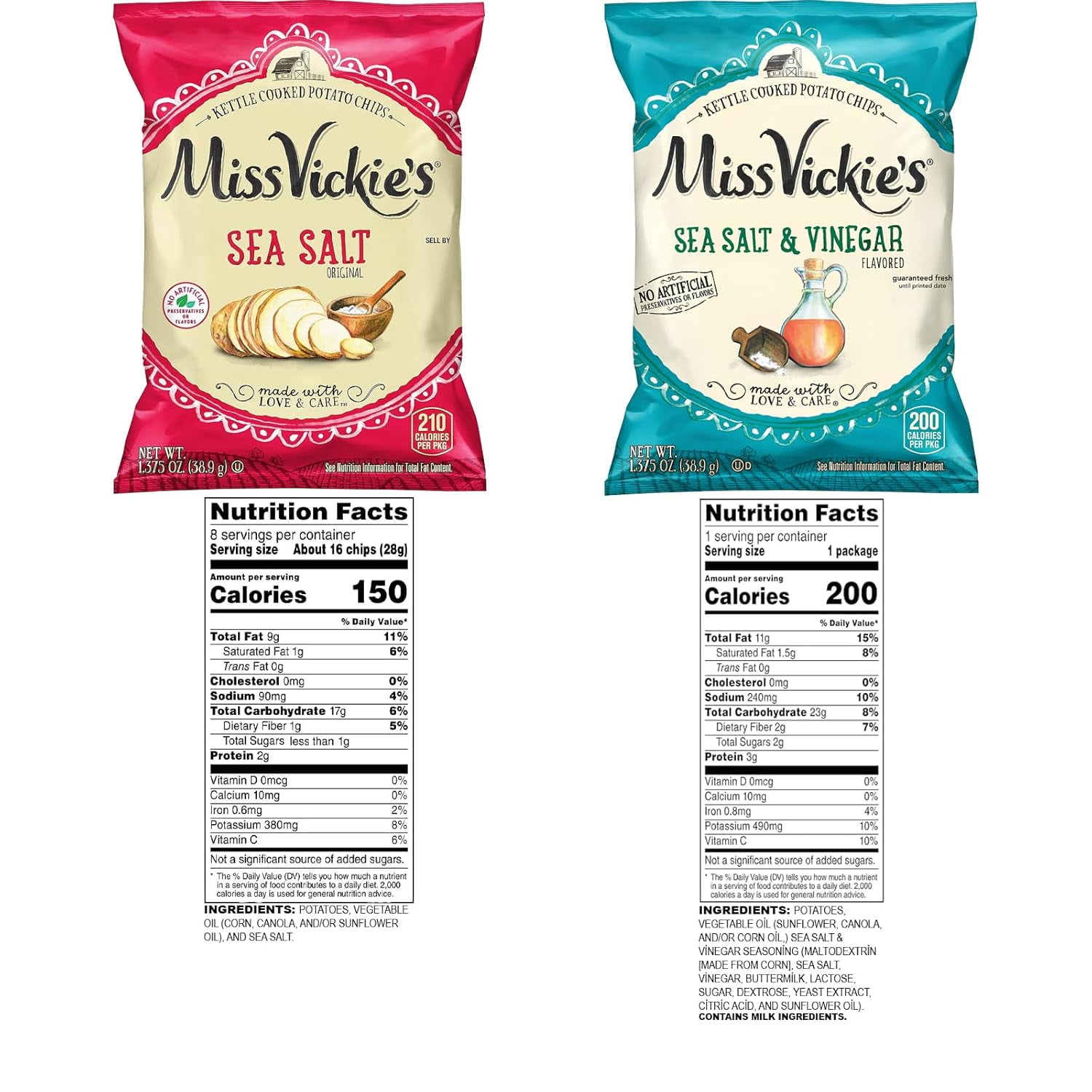 Miss Vickie's Sea Salt and Sea Salt & Vinegar Potato Chips, 1.375 oz Bags, Pack of 12, Bundled by Shoppyway
