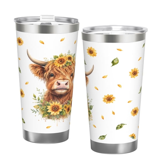20oz Highland Cow Tumbler with Handle and Straw Sunflower Floral Farmhouse Stainless Steel Insulated Travel Coffee Cup Gift with Double Silver Rim